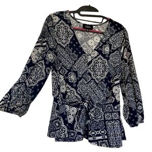 Fifty Street 3/4 Sleeve Navy Blue Bow Blouse, Waist Defining Boho Top, Medium